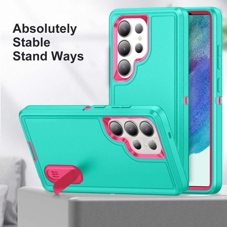 For Samsung Galaxy S25 Ultra 5G Rugged PC Hybrid Silicone Phone Case with Holder(Light Green+Rose Red) - Galaxy S25 Ultra 5G Cases by PMC Jewellery | Online Shopping South Africa | PMC Jewellery | Buy Now Pay Later Mobicred