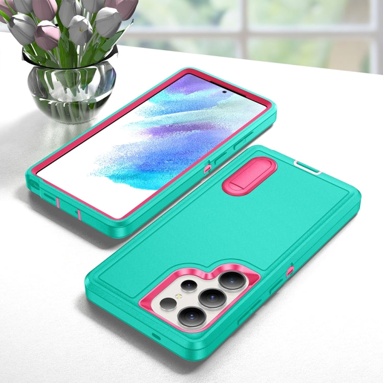 For Samsung Galaxy S25 Ultra 5G Rugged PC Hybrid Silicone Phone Case with Holder(Light Green+Rose Red) - Galaxy S25 Ultra 5G Cases by PMC Jewellery | Online Shopping South Africa | PMC Jewellery | Buy Now Pay Later Mobicred