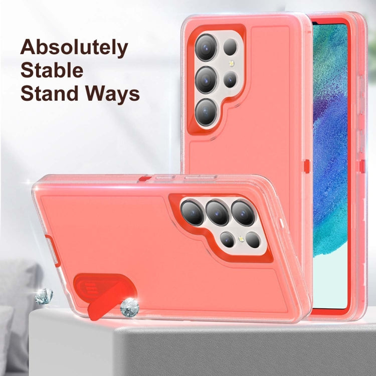 For Samsung Galaxy S25 Ultra 5G Rugged PC Hybrid Silicone Phone Case with Holder(Transparent+Orange) - free shipping - PMC Jewellery - Order now!
