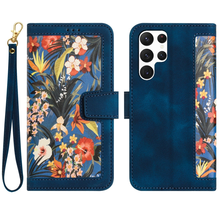 For Samsung Galaxy S25 Ultra 5G Floral Pattern Leather Phone Case with Lanyard(Dark Blue) - Galaxy S25 Ultra 5G Cases by PMC Jewellery | Online Shopping South Africa | PMC Jewellery | Buy Now Pay Later Mobicred