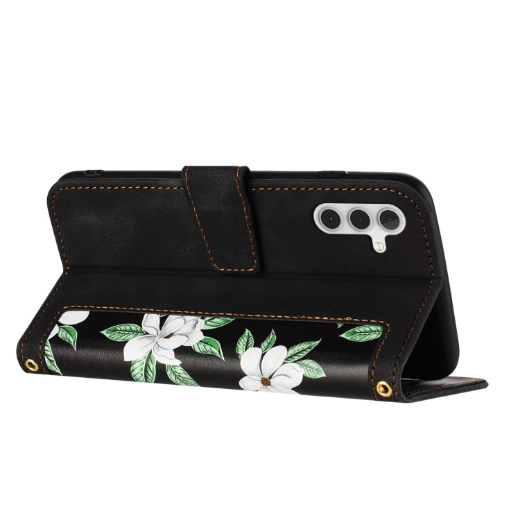 For Samsung Galaxy S25+ 5G Floral Pattern Leather Phone Case with Lanyard(Black) - free shipping - PMC Jewellery - Order now!