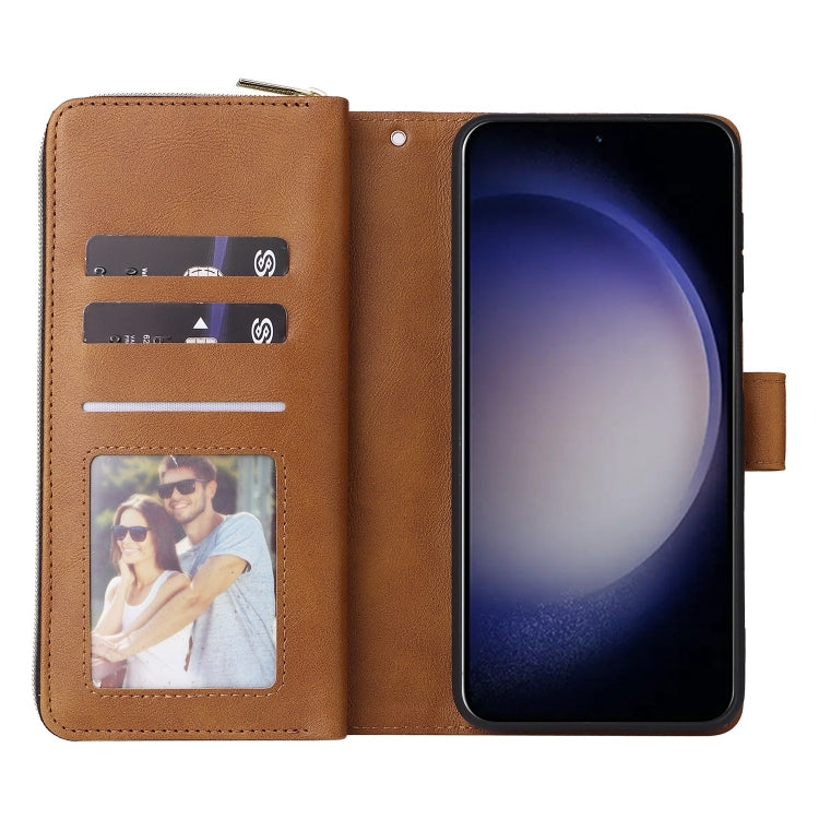 For Samsung Galaxy S25 5G 9-Card Slots Zipper Wallet Bag Leather Phone Case(Brown) - Galaxy S25 5G Cases by PMC TechLife | Online Shopping South Africa | PMC TechLife | Buy Now Pay Later Mobicred