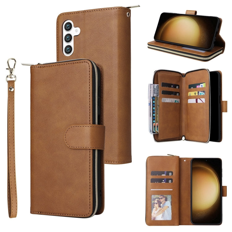 For Samsung Galaxy S25+ 5G 9-Card Slots Zipper Wallet Bag Leather Phone Case(Brown) - Galaxy S25+ 5G Cases by PMC TechLife | Online Shopping South Africa | PMC TechLife | Buy Now Pay Later Mobicred