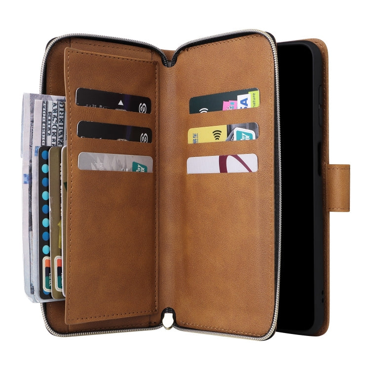 For Samsung Galaxy S25+ 5G 9-Card Slots Zipper Wallet Bag Leather Phone Case(Brown) - Galaxy S25+ 5G Cases by PMC TechLife | Online Shopping South Africa | PMC TechLife | Buy Now Pay Later Mobicred