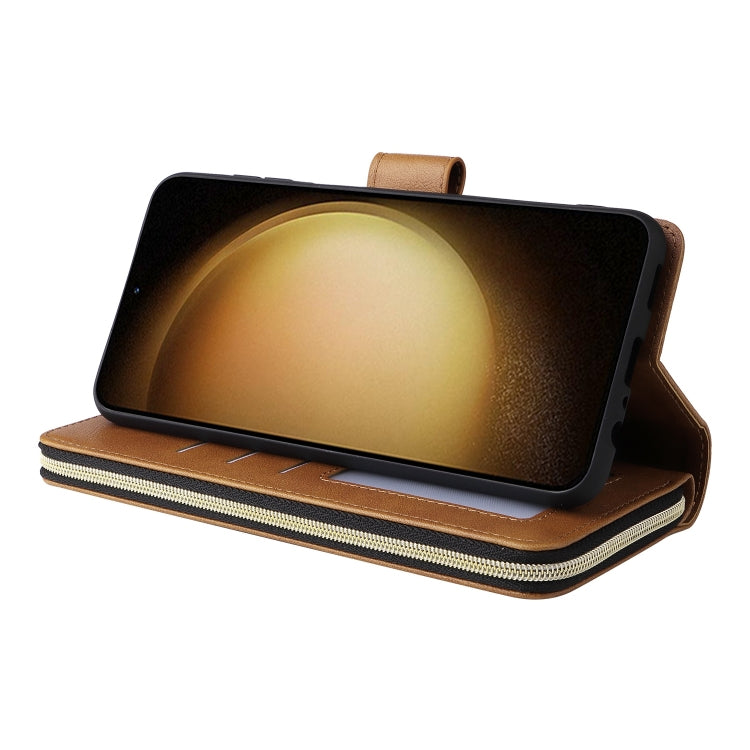 For Samsung Galaxy S25+ 5G 9-Card Slots Zipper Wallet Bag Leather Phone Case(Brown) - Galaxy S25+ 5G Cases by PMC TechLife | Online Shopping South Africa | PMC TechLife | Buy Now Pay Later Mobicred