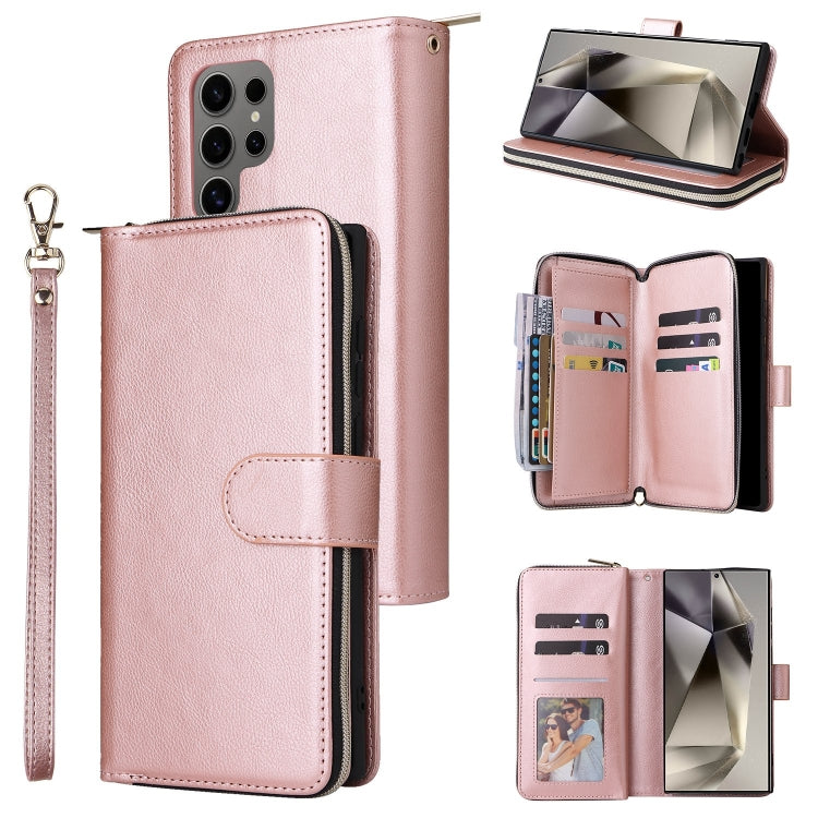 For Samsung Galaxy S25 Ultra 5G 9-Card Slots Zipper Wallet Bag Leather Phone Case(Rose Gold) - Galaxy S25 Ultra 5G Cases by PMC TechLife | Online Shopping South Africa | PMC TechLife | Buy Now Pay Later Mobicred