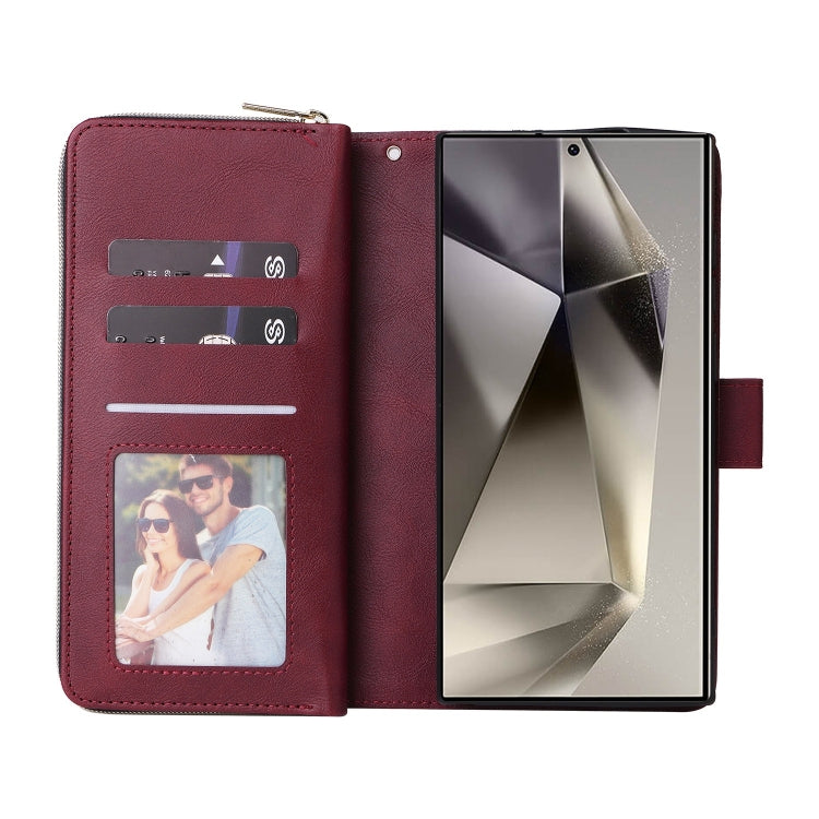 For Samsung Galaxy S25 Ultra 5G 9-Card Slots Zipper Wallet Bag Leather Phone Case(Wine Red) - Galaxy S25 Ultra 5G Cases by PMC TechLife | Online Shopping South Africa | PMC TechLife | Buy Now Pay Later Mobicred