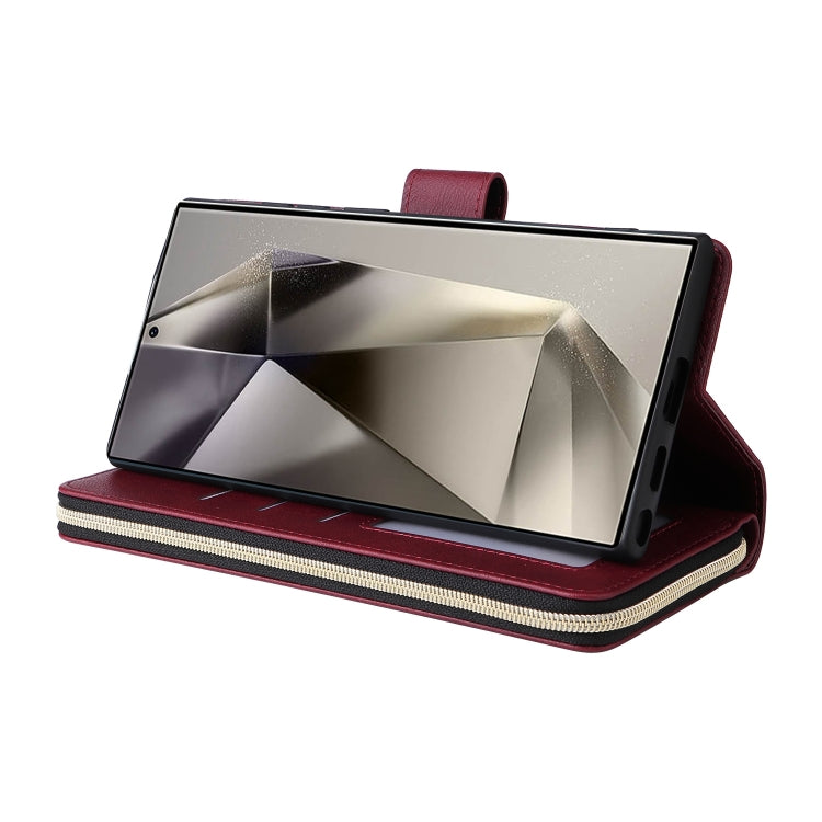For Samsung Galaxy S25 Ultra 5G 9-Card Slots Zipper Wallet Bag Leather Phone Case(Wine Red) - Galaxy S25 Ultra 5G Cases by PMC TechLife | Online Shopping South Africa | PMC TechLife | Buy Now Pay Later Mobicred