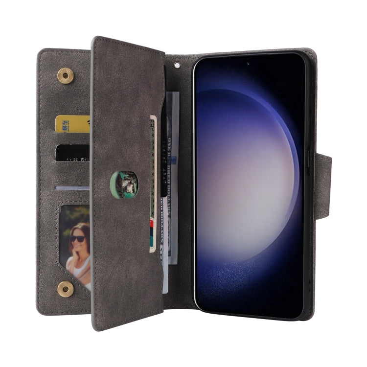 For Samsung Galaxy S25 5G Rivet Buckle 9 Cards Three Fold Leather Phone Case(Grey) - Galaxy S25 5G Cases by PMC Jewellery | Online Shopping South Africa | PMC Jewellery | Buy Now Pay Later Mobicred