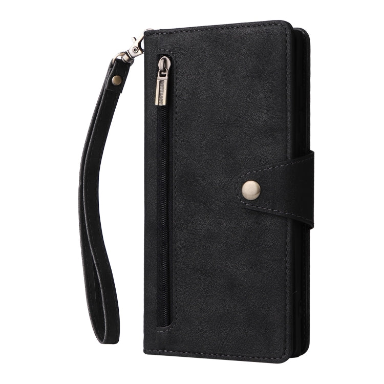 For Samsung Galaxy S25 Ultra 5G Rivet Buckle 9 Cards Three Fold Leather Phone Case(Black) - Galaxy S25 Ultra 5G Cases by PMC Jewellery | Online Shopping South Africa | PMC Jewellery | Buy Now Pay Later Mobicred