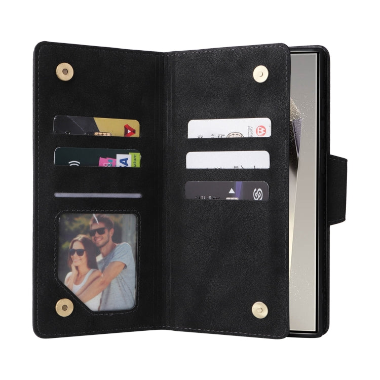 For Samsung Galaxy S25 Ultra 5G Rivet Buckle 9 Cards Three Fold Leather Phone Case(Black) - Galaxy S25 Ultra 5G Cases by PMC Jewellery | Online Shopping South Africa | PMC Jewellery | Buy Now Pay Later Mobicred