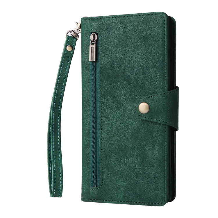 For Samsung Galaxy S25 Ultra 5G Rivet Buckle 9 Cards Three Fold Leather Phone Case(Green) - Galaxy S25 Ultra 5G Cases by PMC Jewellery | Online Shopping South Africa | PMC Jewellery | Buy Now Pay Later Mobicred