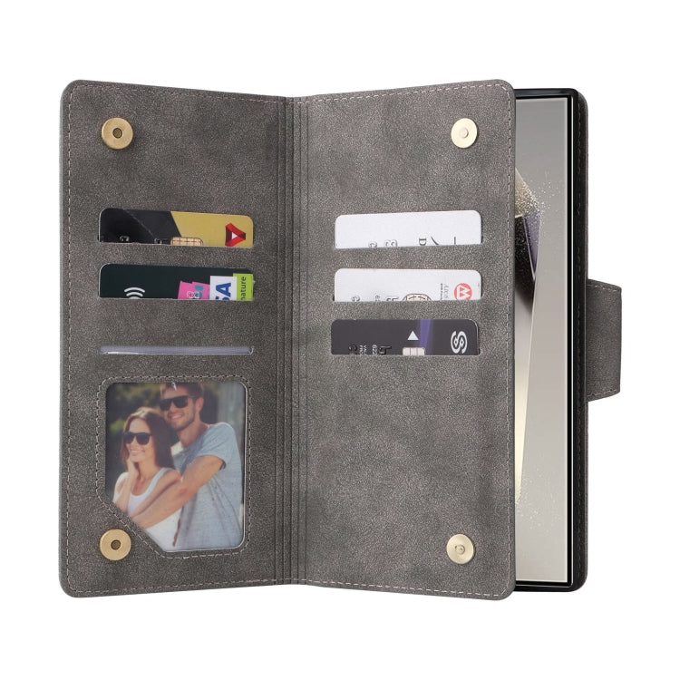 For Samsung Galaxy S25 Ultra 5G Rivet Buckle 9 Cards Three Fold Leather Phone Case(Grey) - Galaxy S25 Ultra 5G Cases by PMC Jewellery | Online Shopping South Africa | PMC Jewellery | Buy Now Pay Later Mobicred
