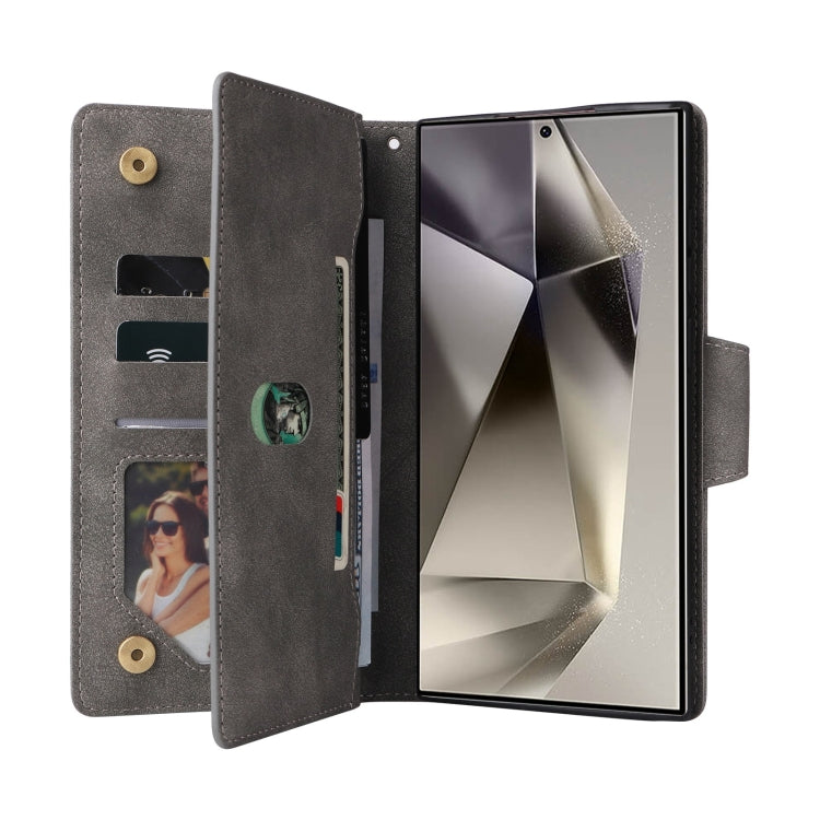 For Samsung Galaxy S25 Ultra 5G Rivet Buckle 9 Cards Three Fold Leather Phone Case(Grey) - Galaxy S25 Ultra 5G Cases by PMC Jewellery | Online Shopping South Africa | PMC Jewellery | Buy Now Pay Later Mobicred