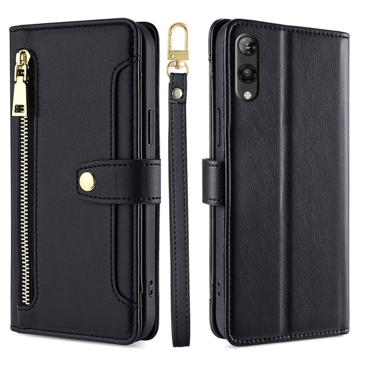 For Rakuten Hand 5G Sheep Texture Cross-body Zipper Wallet Leather Phone Case(Black) - More Brand by PMC TechLife | Online Shopping South Africa | PMC TechLife | Buy Now Pay Later Mobicred