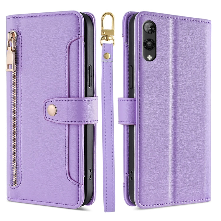 For Rakuten Hand 5G Sheep Texture Cross-body Zipper Wallet Leather Phone Case(Purple) - More Brand by PMC TechLife | Online Shopping South Africa | PMC TechLife | Buy Now Pay Later Mobicred