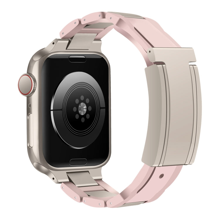 For Apple Watch 46mm / 49mm / 45mm / 44mm T-shaped Magnetic Buckle Stainless Steel Rubber Watch Band(Pink Starlight Buckle) - free shipping - PMC TechLife - Order now!