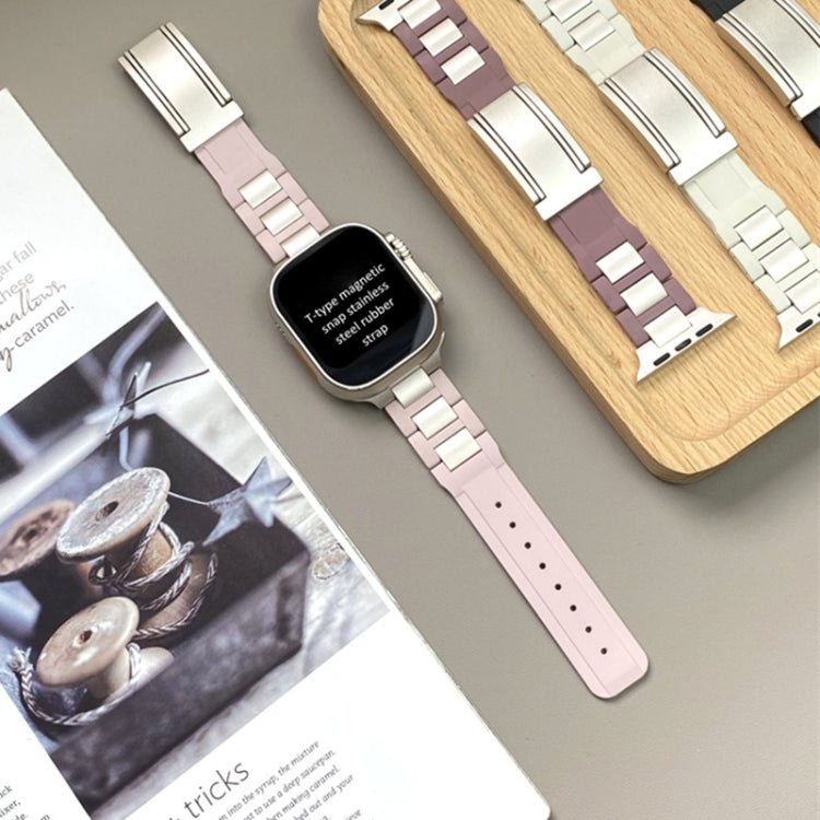 For Apple Watch 46mm / 49mm / 45mm / 44mm T-shaped Magnetic Buckle Stainless Steel Rubber Watch Band(Pink Starlight Buckle) - free shipping - PMC TechLife - Order now!