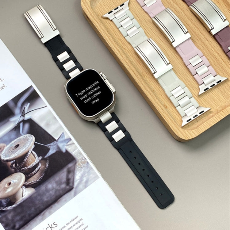 For Apple Watch 46mm / 49mm / 45mm / 44mm T-shaped Magnetic Buckle Stainless Steel Rubber Watch Band(Black Starlight Buckle) - free shipping - PMC TechLife - Order now!