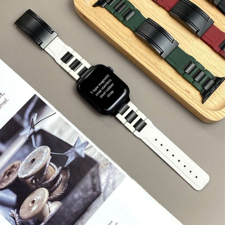 For Apple Watch 46mm / 49mm / 45mm / 44mm T-shaped Magnetic Buckle Stainless Steel Rubber Watch Band(Beige Black Buckle) - free shipping - PMC TechLife - Order now!