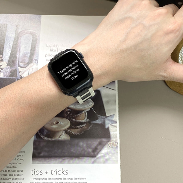 For Apple Watch 46mm / 49mm / 45mm / 44mm T-shaped Magnetic Buckle Stainless Steel Rubber Watch Band(Beige Black Buckle) - free shipping - PMC TechLife - Order now!