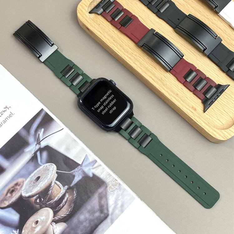 For Apple Watch 46mm / 49mm / 45mm / 44mm T-shaped Magnetic Buckle Stainless Steel Rubber Watch Band(Pine Green Black Buckle) - free shipping - PMC TechLife - Order now!
