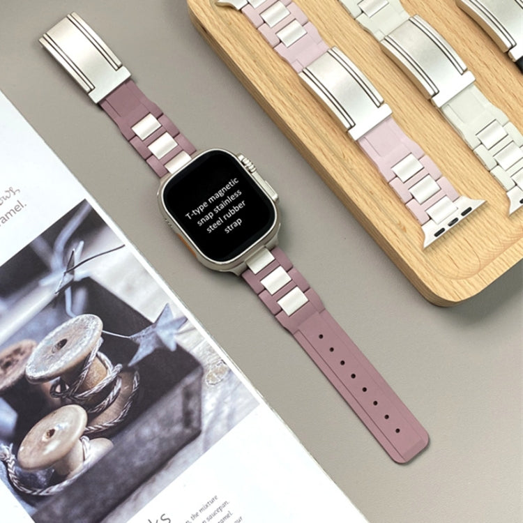 For Apple Watch 46mm / 49mm / 45mm / 44mm T-shaped Magnetic Buckle Stainless Steel Rubber Watch Band(Smoky Purple Starlight Buckle) - free shipping - PMC TechLife - Order now!