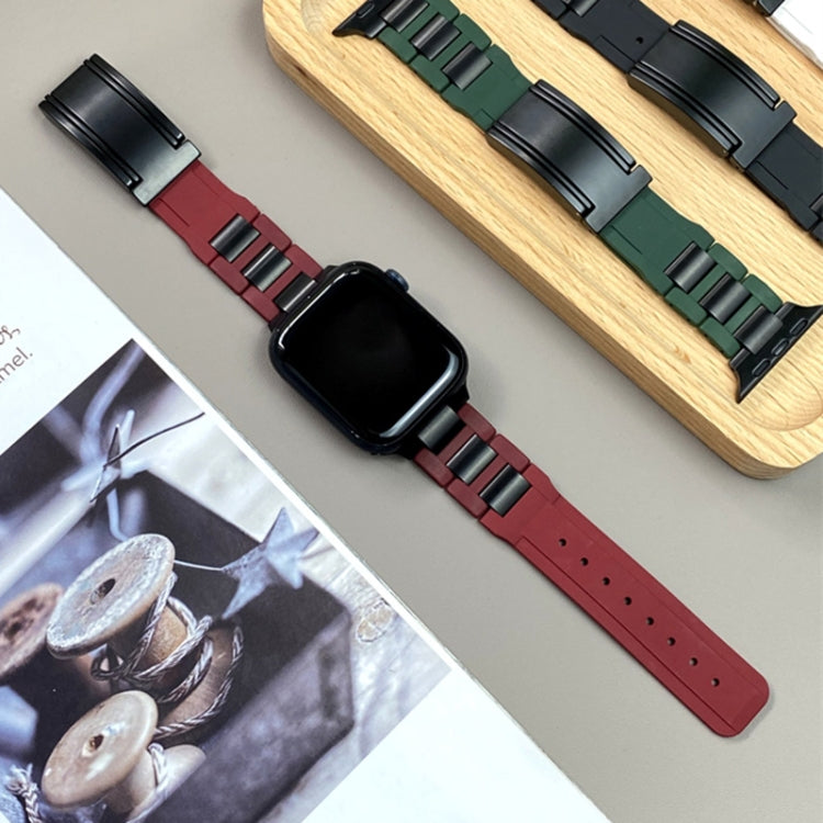 For Apple Watch 42mm / 41mm / 40mm / 38mm T-shaped Magnetic Buckle Stainless Steel Rubber Watch Band(Wine Red Black Buckle) - free shipping - PMC TechLife - Order now!