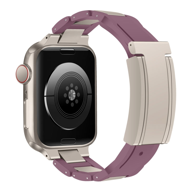 For Apple Watch 42mm / 41mm / 40mm / 38mm T-shaped Magnetic Buckle Stainless Steel Rubber Watch Band(Smoky Purple Starlight Buckle) - free shipping - PMC TechLife - Order now!