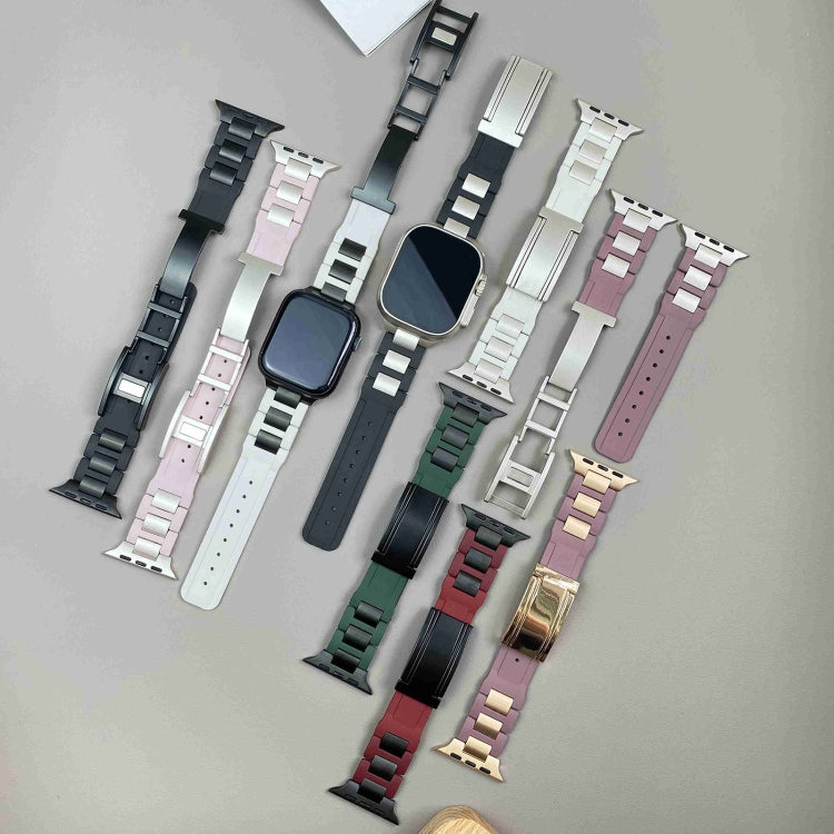 For Apple Watch 42mm / 41mm / 40mm / 38mm T-shaped Magnetic Buckle Stainless Steel Rubber Watch Band(Pine Green Black Buckle) - free shipping - PMC TechLife - Order now!