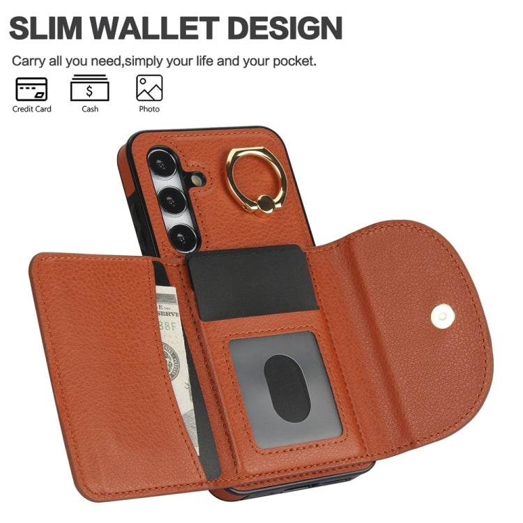 For Samsung Galaxy S25 5G Ring Holder Card Bag Skin Feel Phone Case(Brown) - Galaxy S25 5G Cases by PMC Jewellery | Online Shopping South Africa | PMC Jewellery | Buy Now Pay Later Mobicred