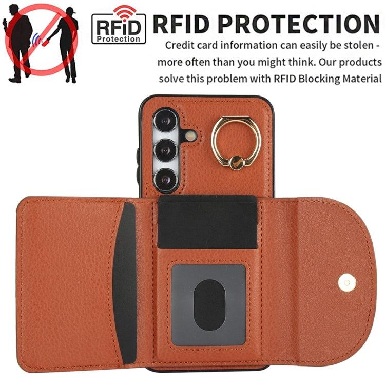 For Samsung Galaxy S25+ 5G Ring Holder Card Bag Skin Feel Phone Case(Brown) - Galaxy S25+ 5G Cases by PMC Jewellery | Online Shopping South Africa | PMC Jewellery | Buy Now Pay Later Mobicred