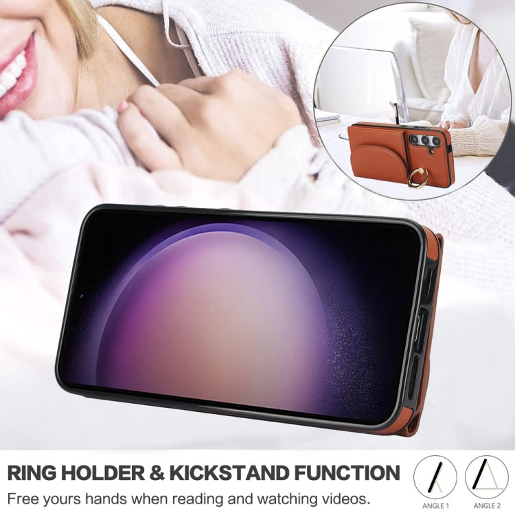 For Samsung Galaxy S25+ 5G Ring Holder Card Bag Skin Feel Phone Case(Brown) - Galaxy S25+ 5G Cases by PMC Jewellery | Online Shopping South Africa | PMC Jewellery | Buy Now Pay Later Mobicred