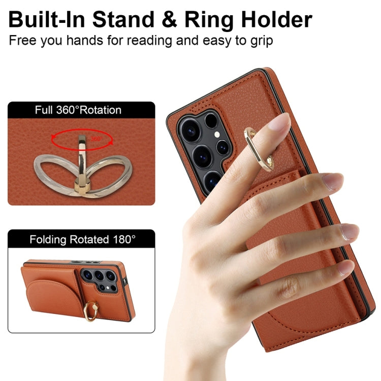 For Samsung Galaxy S25 Ultra 5G Ring Holder Card Bag Skin Feel Phone Case(Brown) - Galaxy S25 Ultra 5G Cases by PMC Jewellery | Online Shopping South Africa | PMC Jewellery | Buy Now Pay Later Mobicred