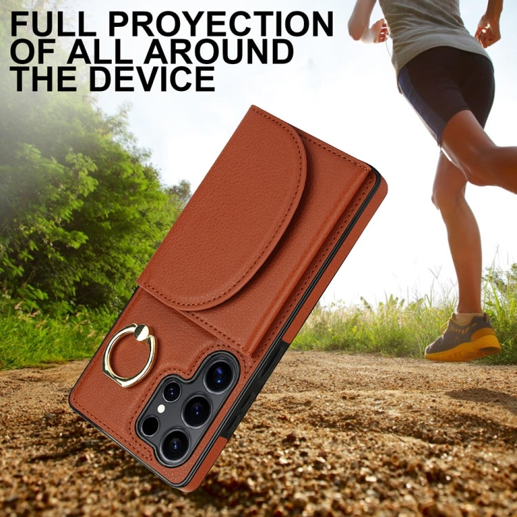 For Samsung Galaxy S25 Ultra 5G Ring Holder Card Bag Skin Feel Phone Case(Brown) - Galaxy S25 Ultra 5G Cases by PMC Jewellery | Online Shopping South Africa | PMC Jewellery | Buy Now Pay Later Mobicred