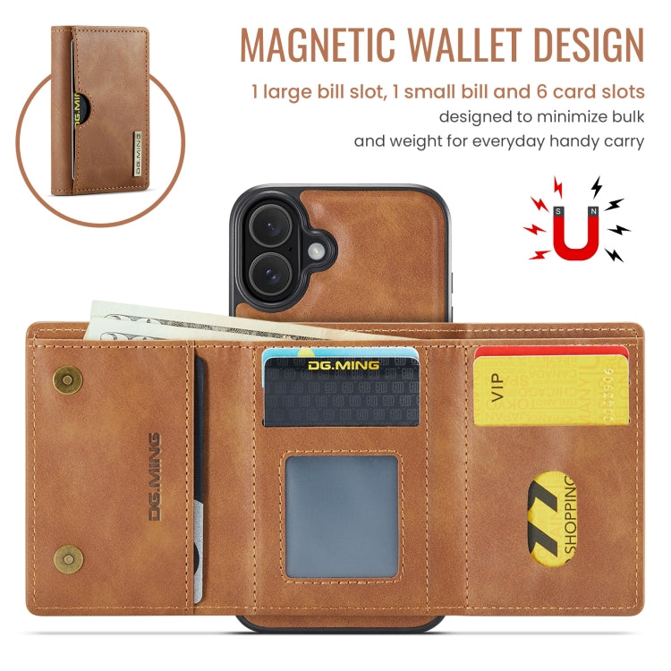 For iPhone 16 DG.MING M6 Series RFID Tri-fold Card Bag Removable Leather Phone Case(Brown) - free shipping - PMC Jewellery - Order now!
