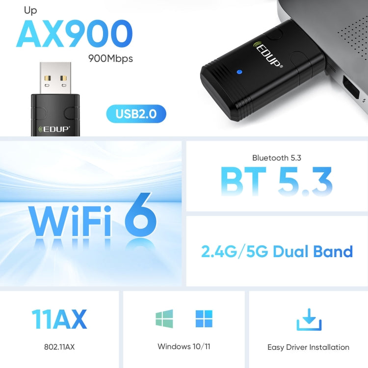 EDUP EP-AX910 900Mbps WiFi 6 Bluetooth 5.3 USB WiFi Adapter Dual-Band Wireless Network Card(Black) - free shipping - PMC TechLife - Order now!