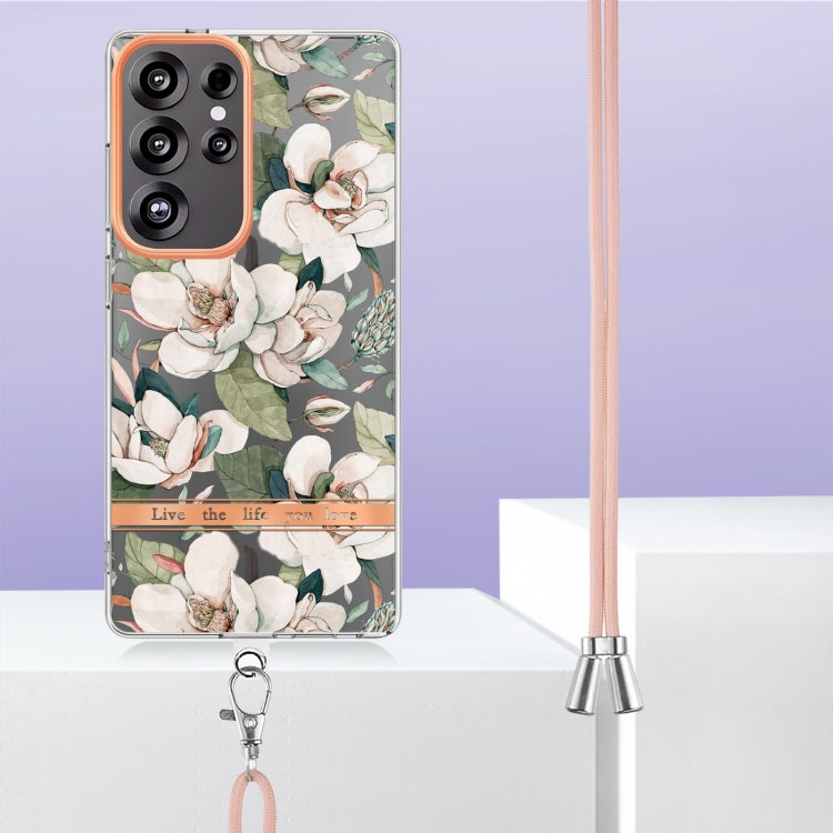 For Samsung Galaxy S25 Ultra 5G Flowers and Plants Series IMD TPU Phone Case with Lanyard(Green Gardenia) - Galaxy S25 Ultra 5G Cases by PMC Jewellery | Online Shopping South Africa | PMC Jewellery | Buy Now Pay Later Mobicred