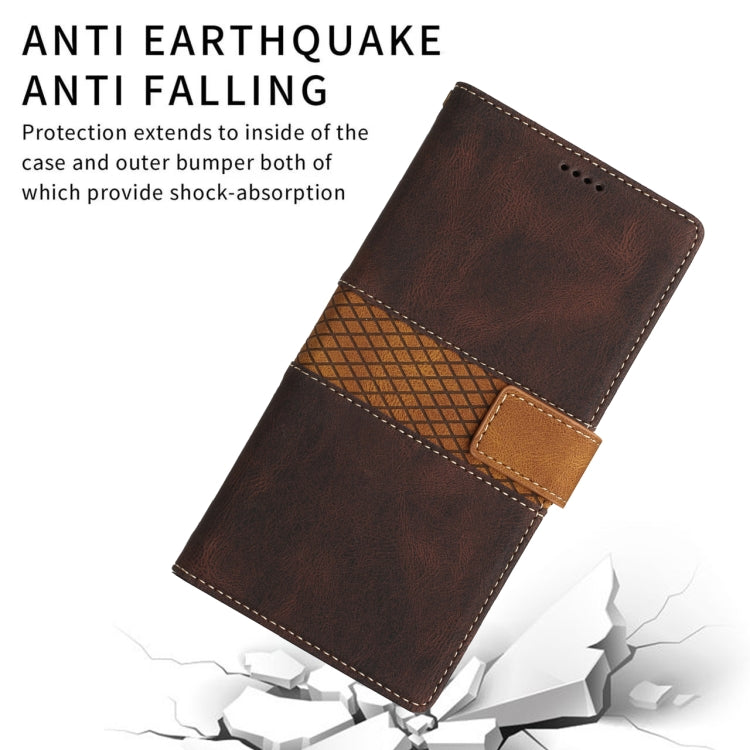 For iPhone 16e Grid Stitching Leather Phone Case with Lanyard(Brown) - iPhone 16e Cases by PMC TechLife | Online Shopping South Africa | PMC TechLife | Buy Now Pay Later Mobicred