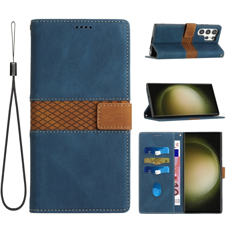 For Samsung Galaxy S25 Ultra 5G Grid Stitching Leather Phone Case with Lanyard(Blue) - Galaxy S25 Ultra 5G Cases by PMC Jewellery | Online Shopping South Africa | PMC Jewellery | Buy Now Pay Later Mobicred