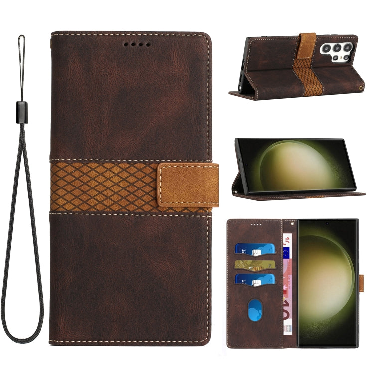 For Samsung Galaxy S25 Ultra 5G Grid Stitching Leather Phone Case with Lanyard(Brown) - Galaxy S25 Ultra 5G Cases by PMC Jewellery | Online Shopping South Africa | PMC Jewellery | Buy Now Pay Later Mobicred