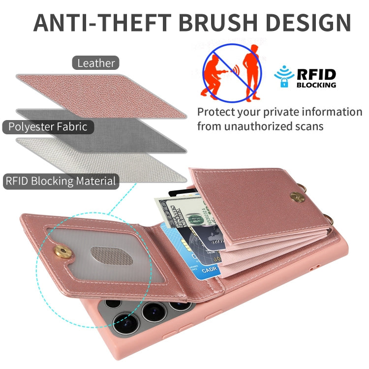 For Samsung Galaxy S25 Ultra 5G Crossbody Lanyard Zipper Wallet Leather Phone Case(Rose Gold) - Galaxy S25 Ultra 5G Cases by PMC TechLife | Online Shopping South Africa | PMC TechLife | Buy Now Pay Later Mobicred