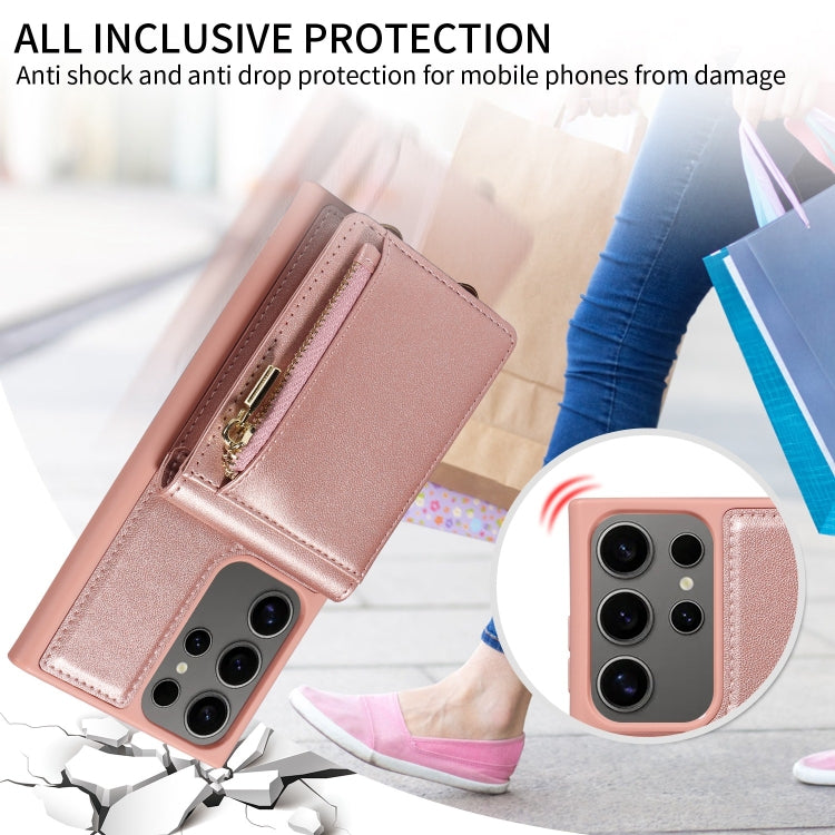 For Samsung Galaxy S25 Ultra 5G Crossbody Lanyard Zipper Wallet Leather Phone Case(Rose Gold) - Galaxy S25 Ultra 5G Cases by PMC TechLife | Online Shopping South Africa | PMC TechLife | Buy Now Pay Later Mobicred