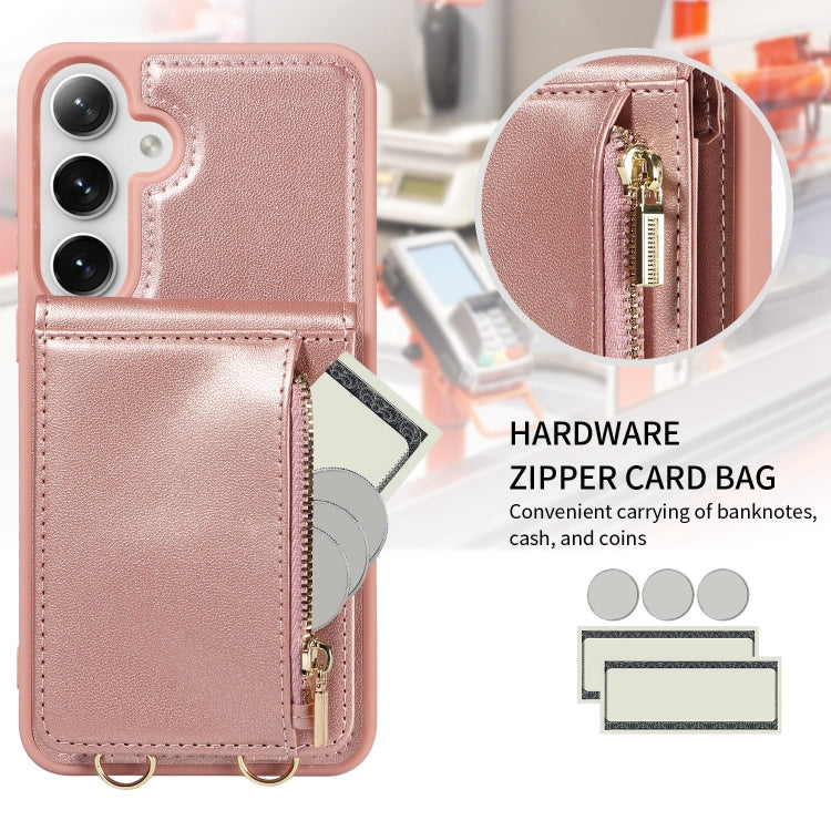 For Samsung Galaxy S25+ 5G Crossbody Lanyard Zipper Wallet Leather Phone Case(Rose Gold) - Galaxy S25+ 5G Cases by PMC TechLife | Online Shopping South Africa | PMC TechLife | Buy Now Pay Later Mobicred