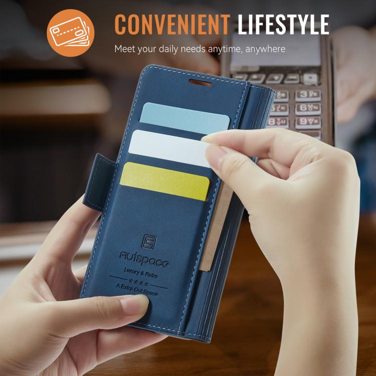 For iPhone 16e AutSpace A11 Side Buckle MagSafe Magnetic RFID Phone Leather Case(Blue) - free shipping - PMc TechLife - Order now!