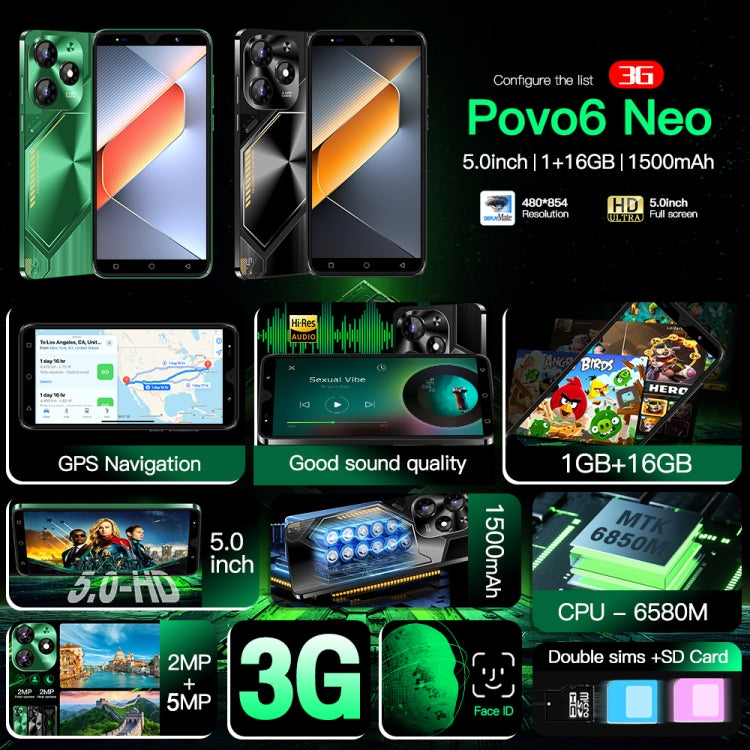 Povo6 Neo / DP29, 1GB+16GB, Face Identification, 5.0 inch Android 8.1 MTK6580M Quad Core, Network: 3G, Dual SIM, Plug:US Plug(Green) - free shipping - PMc TechLife - Order now!