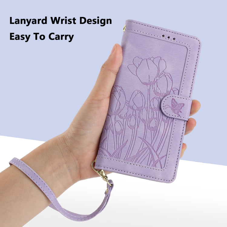 For iPhone 16e Tulips Embossed Leather Phone Case with Lanyard(Purple) - iPhone 16e Cases by PMC TechLife | Online Shopping South Africa | PMC TechLife | Buy Now Pay Later Mobicred