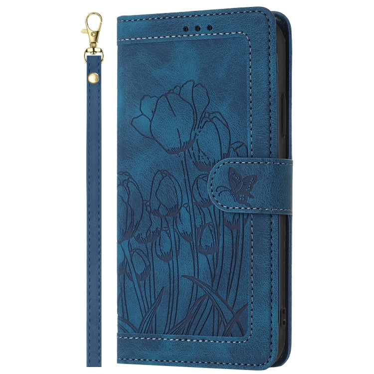 For iPhone 16e Tulips Embossed Leather Phone Case with Lanyard(Blue) - iPhone 16e Cases by PMC TechLife | Online Shopping South Africa | PMC TechLife | Buy Now Pay Later Mobicred