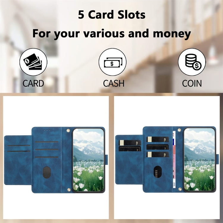 For iPhone 16e Tulips Embossed Leather Phone Case with Lanyard(Blue) - iPhone 16e Cases by PMC TechLife | Online Shopping South Africa | PMC TechLife | Buy Now Pay Later Mobicred