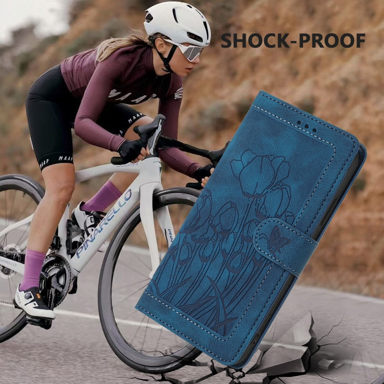 For iPhone 16e Tulips Embossed Leather Phone Case with Lanyard(Blue) - iPhone 16e Cases by PMC TechLife | Online Shopping South Africa | PMC TechLife | Buy Now Pay Later Mobicred